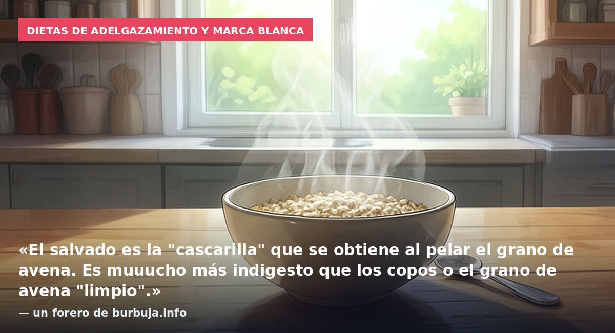Dietas de adelgazamiento y marca blanca: «El salvado es la "cascarilla" que se obtiene al pelar el grano de avena. Es muuucho más indigesto que los copos o el grano de avena "limpio".» — un forero de burbuja.info