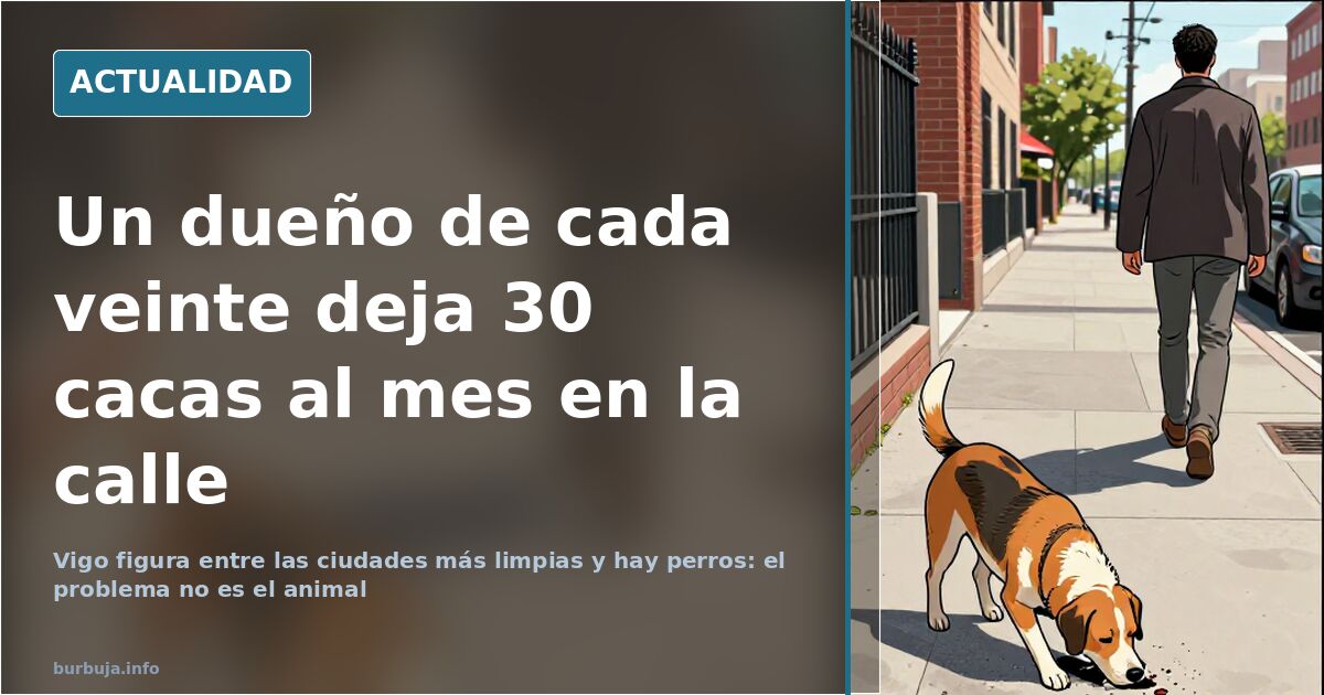 Calle urbana española con una esquina de fachada manchada junto a una farola, mientras un viandante pasea a un perro atado co