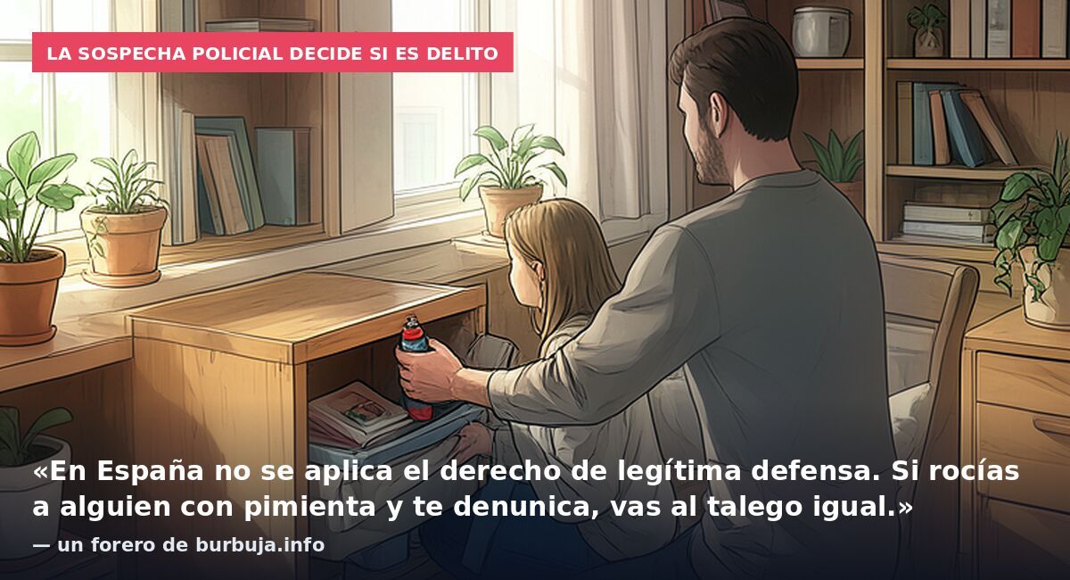 La sospecha policial decide si es delito: «En España no se aplica el derecho de legítima defensa. Si rocías a alguien con pimienta y te denunica, vas al talego igual.» — un forero de burbuja.info