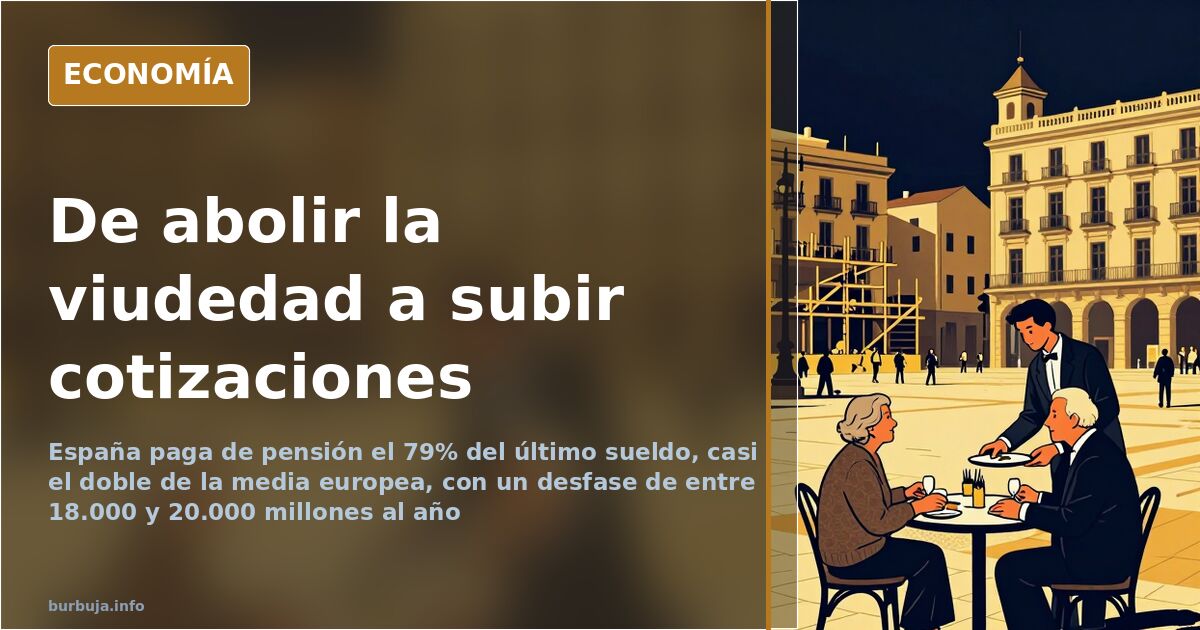 Edificio institucional clásico junto a una hucha gigante y monedas, ilustración sobre la reforma de las pensiones en España