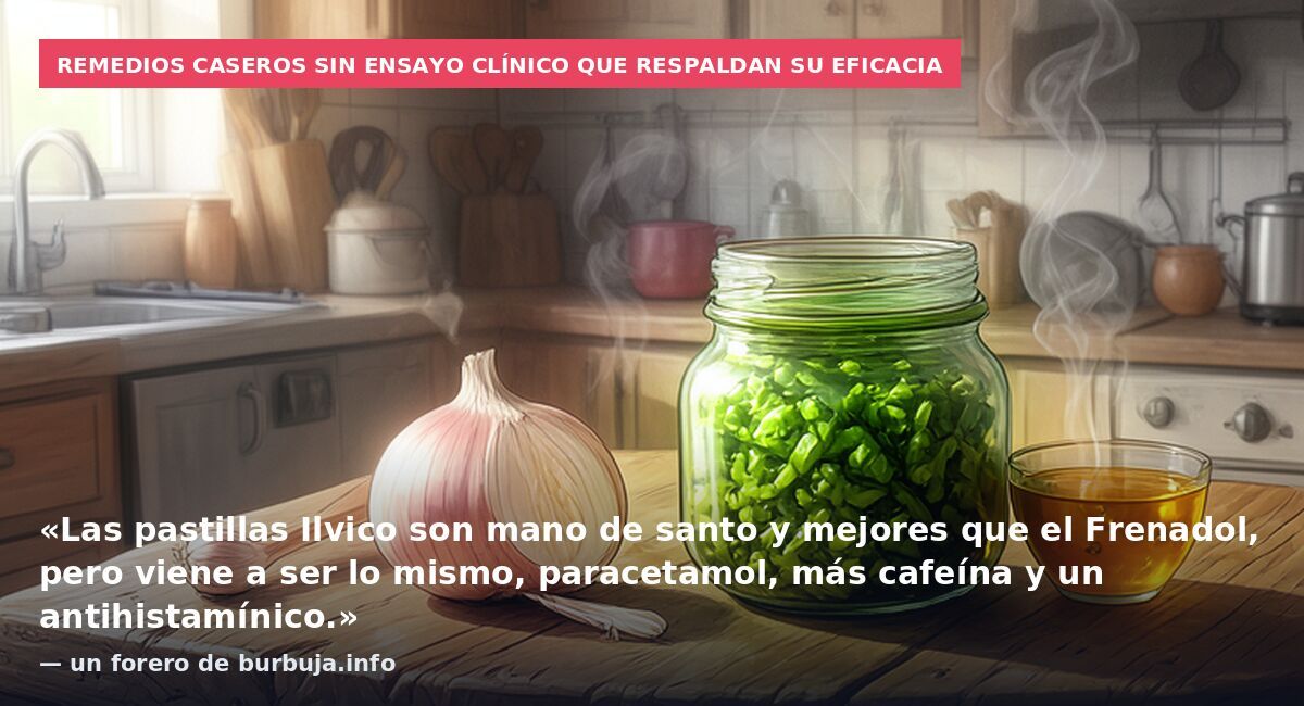 Remedios caseros sin ensayo clínico que respaldan su eficacia: «Las pastillas Ilvico son mano de santo y mejores que el Frenadol, pero viene a ser lo mismo, paracetamol, más cafeína y un antihistamínico.» — un forero de burbuja.info
