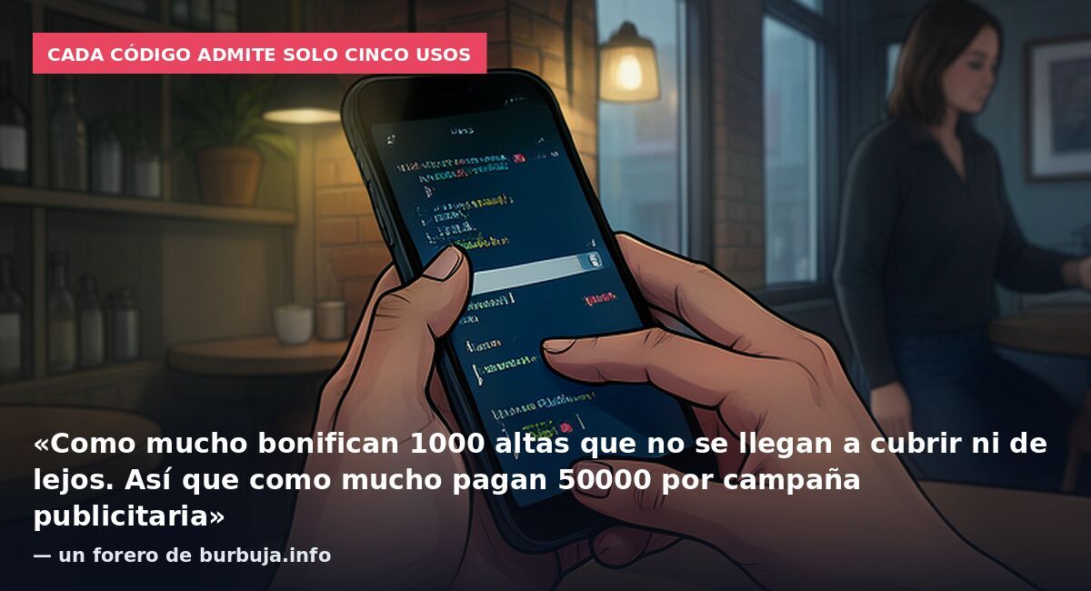 Cada código admite solo cinco usos: «Como mucho bonifican 1000 altas que no se llegan a cubrir ni de lejos. Así que como mucho pagan 50000 por campaña publicitaria» — un forero de burbuja.info