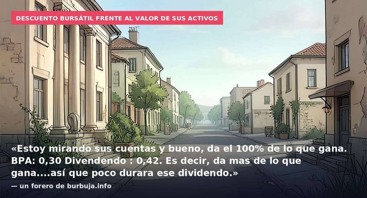 Descuento bursátil frente al valor de sus activos: «Estoy mirando sus cuentas y bueno, da el 100% de lo que gana. BPA: 0,30 Divendendo : 0,42. Es decir, da mas de lo que gana....así que poco durara ese dividendo.» — un forero de burbuja.info