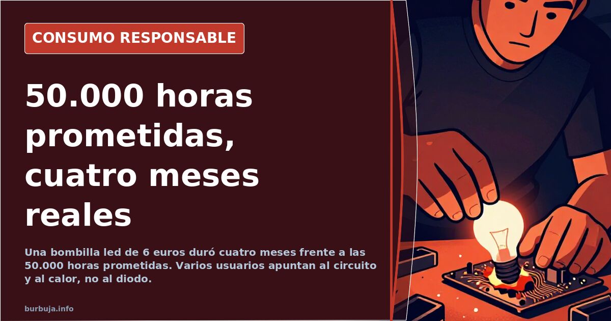 Varias bombillas led de distintos modelos sobre una superficie, una de ellas fundida, junto a su envase con las horas de vida