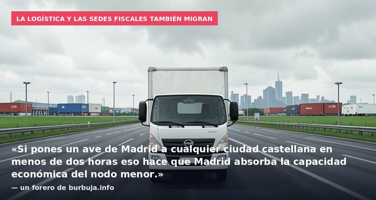 La logística y las sedes fiscales también migran: «Si pones un ave de Madrid a cualquier ciudad castellana en menos de dos horas eso hace que Madrid absorba la capacidad económica del nodo menor.» — un forero de burbuja.info