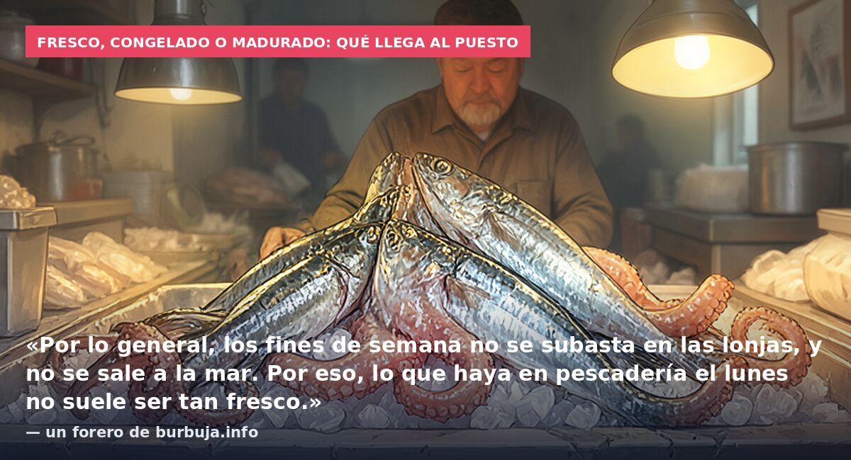 Fresco, congelado o madurado: qué llega al puesto: «Por lo general, los fines de semana no se subasta en las lonjas, y no se sale a la mar. Por eso, lo que haya en pescadería el lunes no suele ser tan fresco.» — un forero de burbuja.info