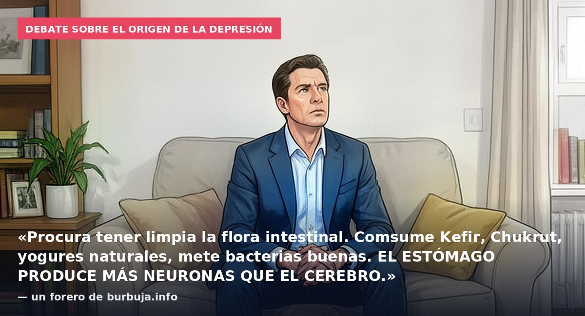 Debate sobre el origen de la depresión: «Procura tener limpia la flora intestinal. Comsume Kefir, Chukrut, yogures naturales, mete bacterias buenas. EL ESTÓMAGO PRODUCE MÁS NEURONAS QUE EL CEREBRO.» — un forero de burbuja.info