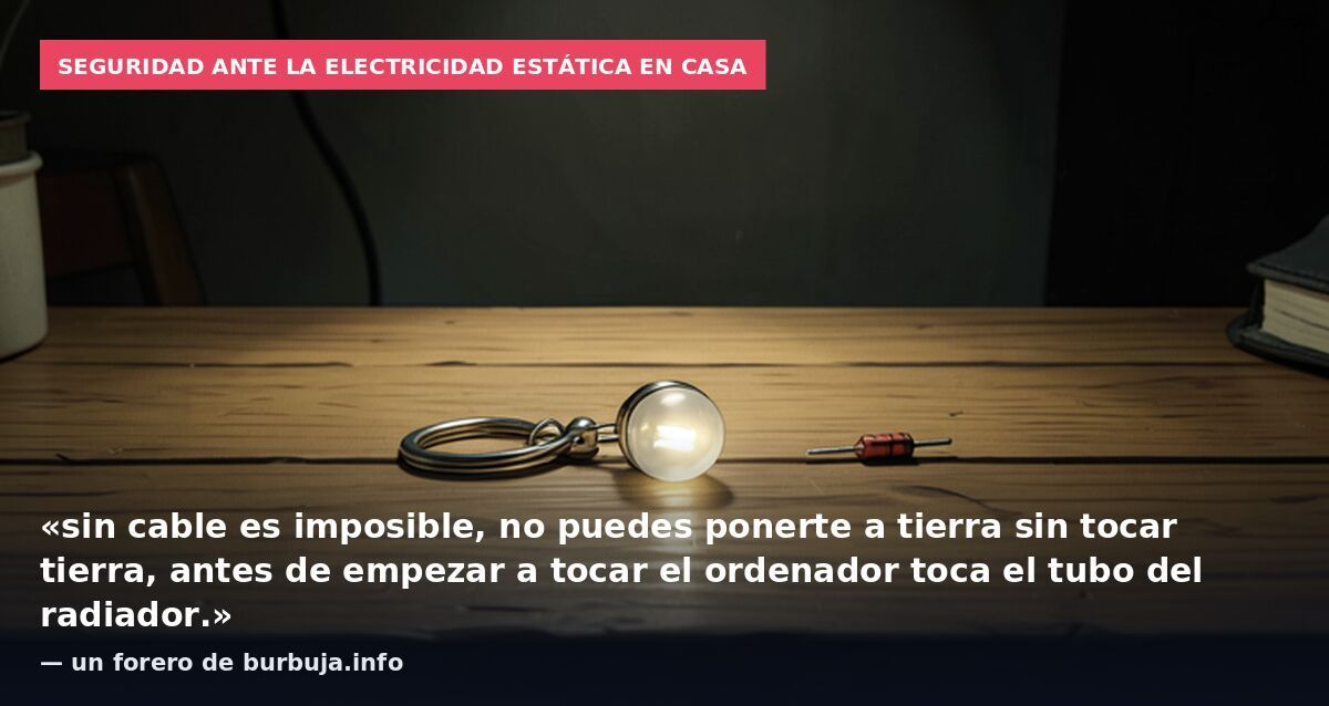 Seguridad ante la electricidad estática en casa: «sin cable es imposible, no puedes ponerte a tierra sin tocar tierra, antes de empezar a tocar el ordenador toca el tubo del radiador.» — un forero de burbuja.info