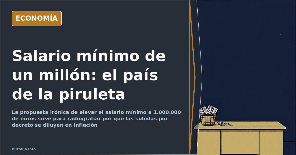 Ilustración editorial de una nómina con salario mínimo de siete cifras junto a una cesta de la compra encarecida
