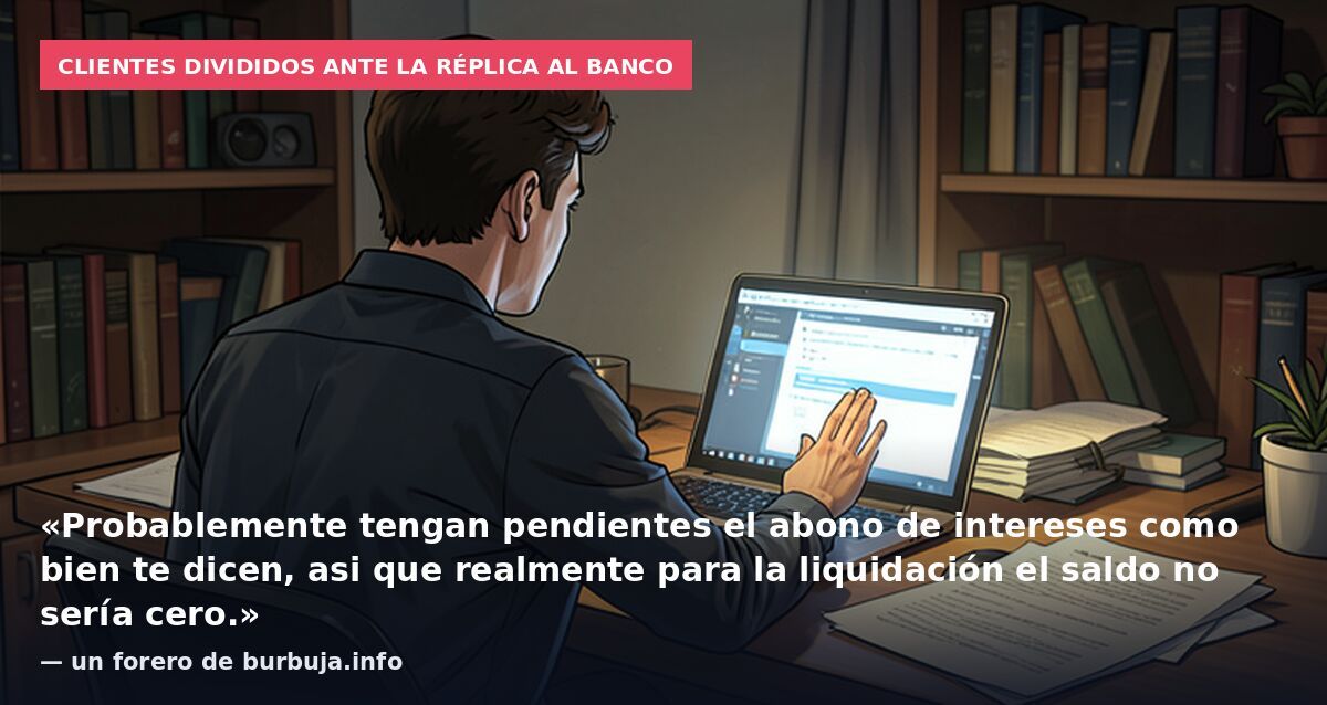 Clientes divididos ante la réplica al banco: «Probablemente tengan pendientes el abono de intereses como bien te dicen, asi que realmente para la liquidación el saldo no sería cero.» — un forero de burbuja.info