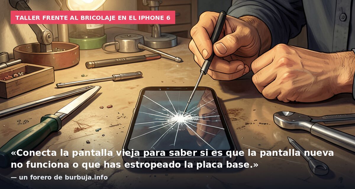 Taller frente al bricolaje en el iPhone 6: «Conecta la pantalla vieja para saber si es que la pantalla nueva no funciona o que has estropeado la placa base.» — un forero de burbuja.info