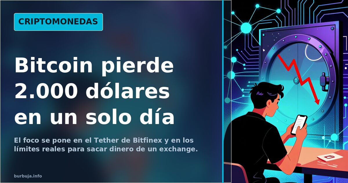 Gráfico del precio de bitcoin cayendo de 11.000 a 9.000 dólares sobre una red de nodos blockchain y circuitos