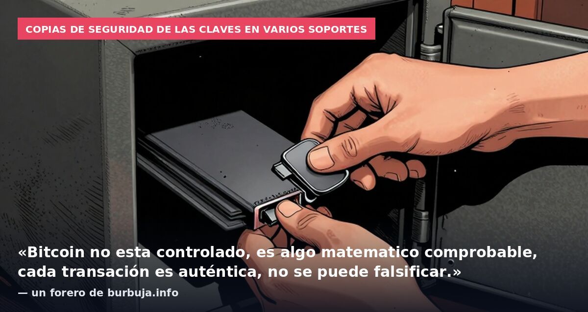 Copias de seguridad de las claves en varios soportes: «Bitcoin no esta controlado, es algo matematico comprobable, cada transación es auténtica, no se puede falsificar.» — un forero de burbuja.info