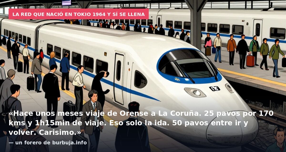La red que nació en Tokio 1964 y sí se llena: «Hace unos meses viaje de Orense a La Coruña. 25 pavos por 170 kms y 1h15min de viaje. Eso solo la ida. 50 pavos entre ir y volver. Carisimo.» — un forero de burbuja.info