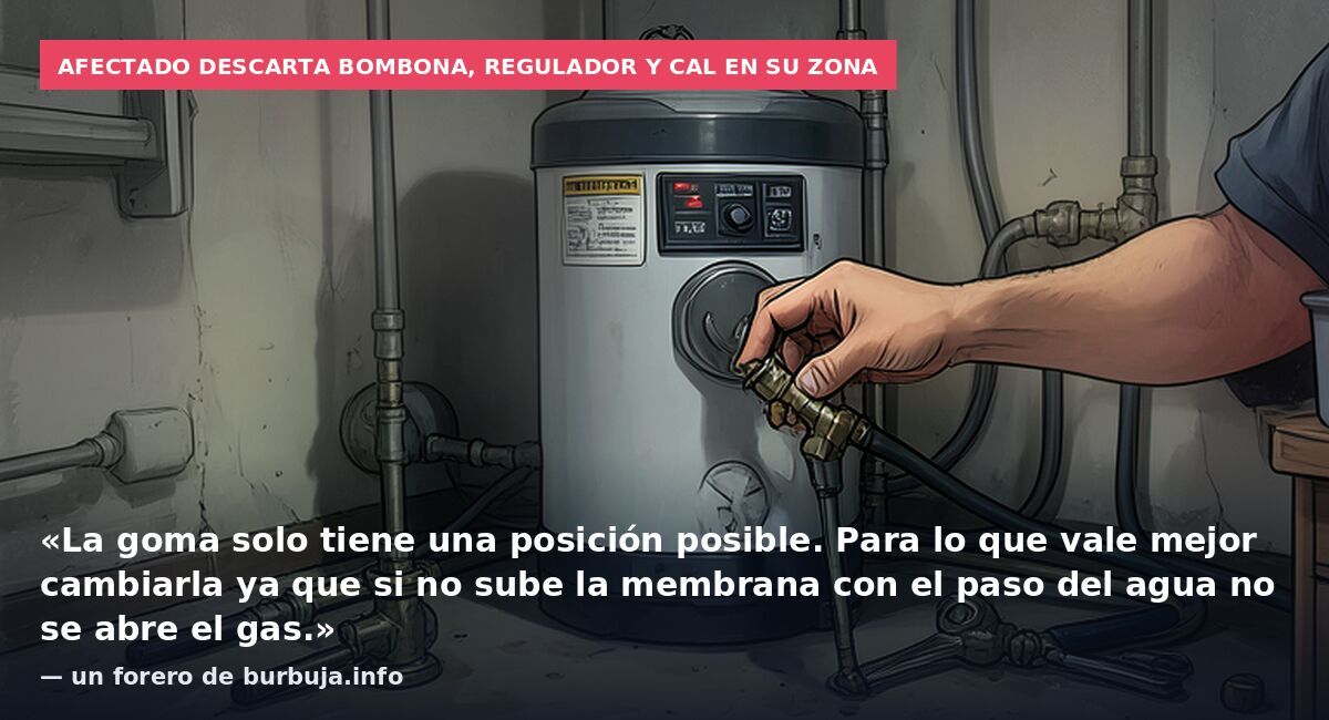 Afectado descarta bombona, regulador y cal en su zona: «La goma solo tiene una posición posible. Para lo que vale mejor cambiarla ya que si no sube la membrana con el paso del agua no se abre el gas.» — un forero de burbuja.info
