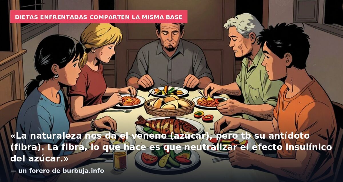 Dietas enfrentadas comparten la misma base: «La naturaleza nos da el veneno (azúcar), pero tb su antídoto (fibra). La fibra, lo que hace es que neutralizar el efecto insulínico del azúcar.» — un forero de burbuja.info