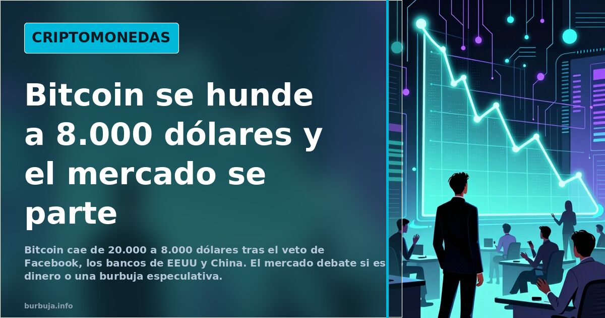 Caída del precio de Bitcoin desde los 20.000 hasta los 8.000 dólares representada con nodos de blockchain en tonos cian y vio