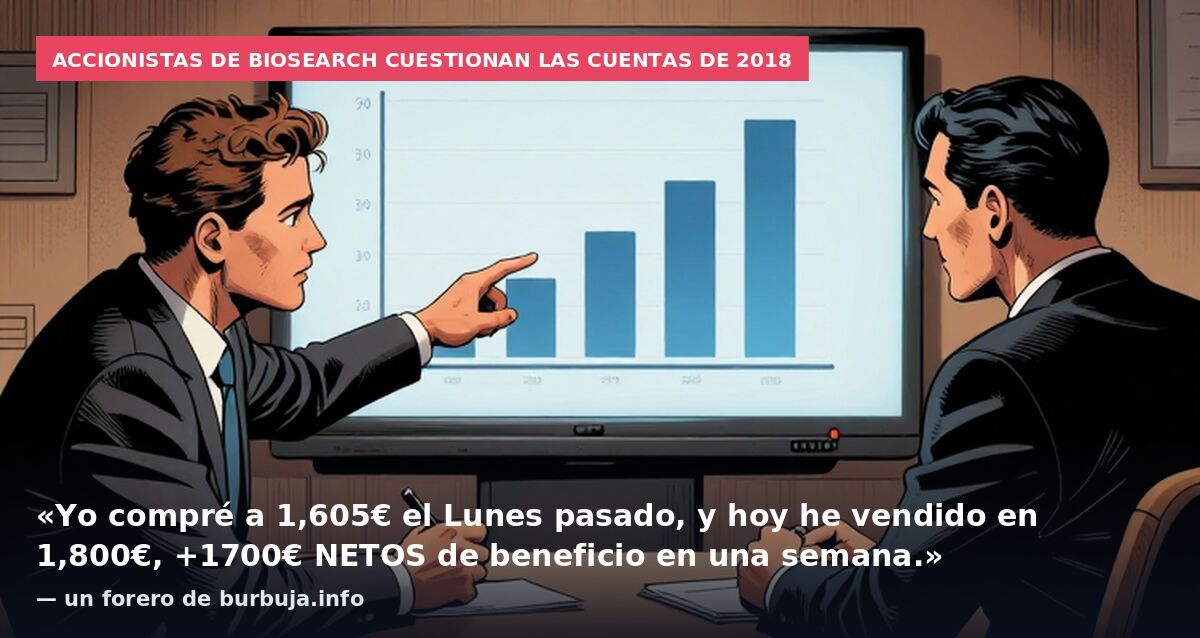 Accionistas de Biosearch cuestionan las cuentas de 2018: «Yo compré a 1,605€ el Lunes pasado, y hoy he vendido en 1,800€, +1700€ NETOS de beneficio en una semana.» — un forero de burbuja.info