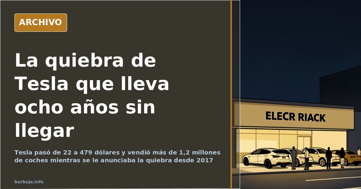 Gráfico comparativo de la evolución de la cotización de Tesla frente al relato de quiebra anunciada desde 2017