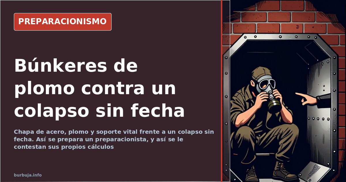 Refugio subterráneo de preparacionismo con paredes de acero, bidones de agua y equipamiento de supervivencia apilado
