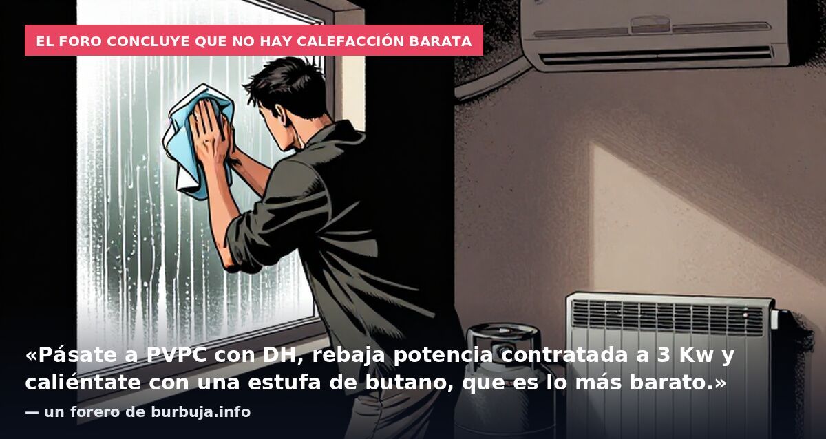 El foro concluye que no hay calefacción barata: «Pásate a PVPC con DH, rebaja potencia contratada a 3 Kw y caliéntate con una estufa de butano, que es lo más barato.» — un forero de burbuja.info
