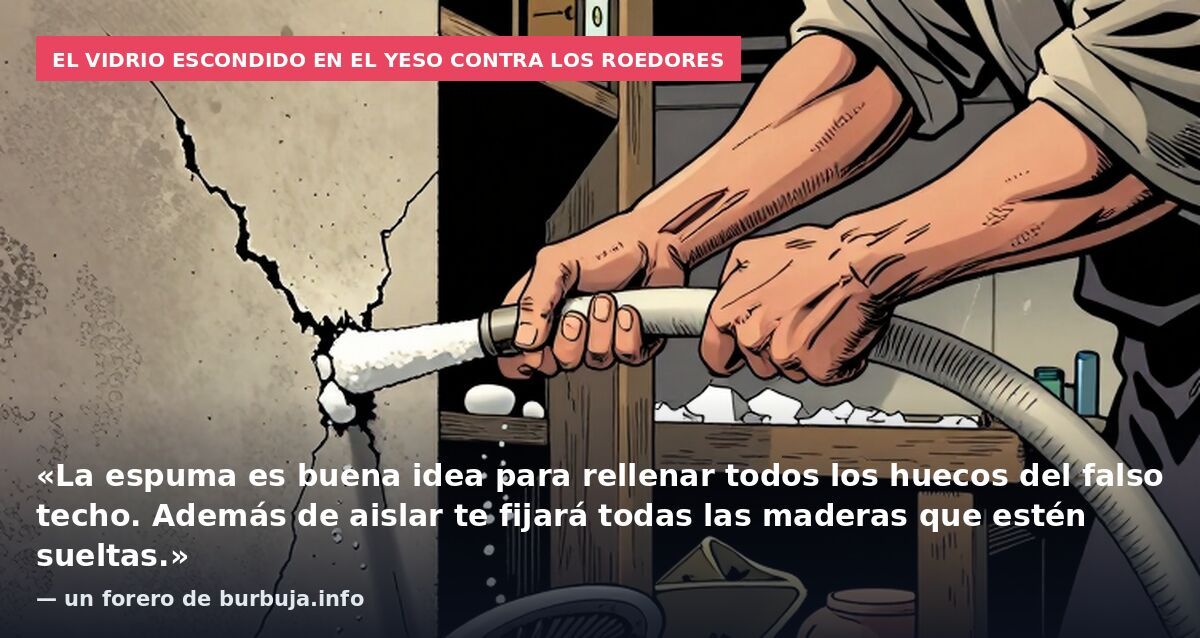 El vidrio escondido en el yeso contra los roedores: «La espuma es buena idea para rellenar todos los huecos del falso techo. Además de aislar te fijará todas las maderas que estén sueltas.» — un forero de burbuja.info
