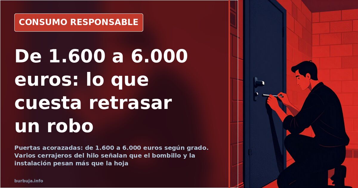Puerta acorazada de vivienda con cerradura de seguridad, escudo protector y bombillo antitaladro en un rellano de escalera