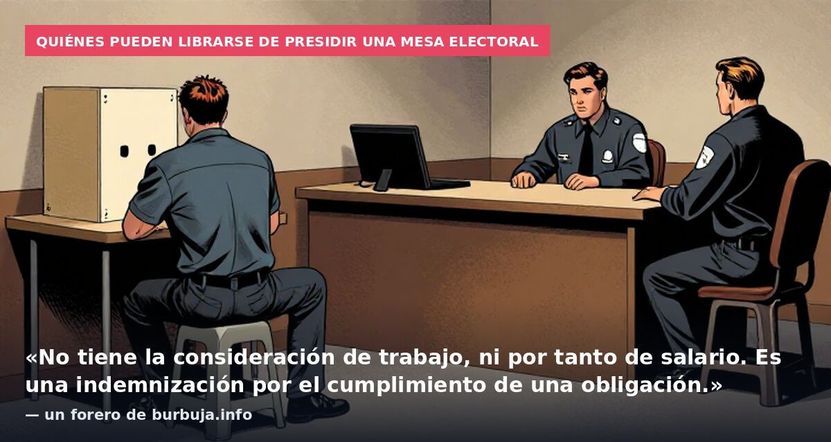 Quiénes pueden librarse de presidir una mesa electoral: «No tiene la consideración de trabajo, ni por tanto de salario. Es una indemnización por el cumplimiento de una obligación.» — un forero de burbuja.info