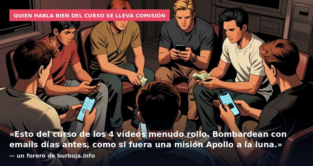 Quien habla bien del curso se lleva comisión: «Esto del curso de los 4 vídeos menudo rollo. Bombardean con emails días antes, como si fuera una misión Apollo a la luna.» — un forero de burbuja.info