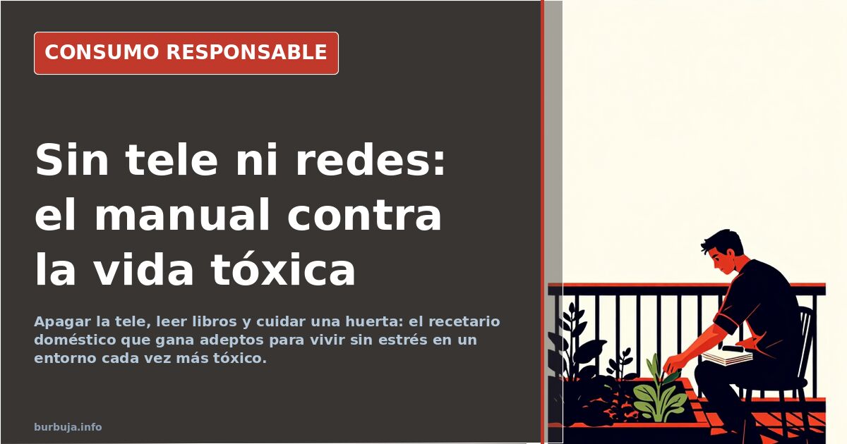 Televisor apagado en un salón con un libro abierto encima y un huerto al fondo, símbolo de una vida sin estrés ni pantallas
