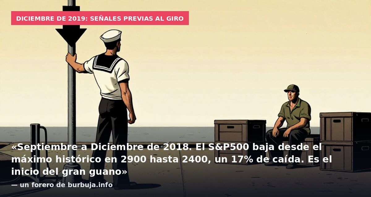 Diciembre de 2019: señales previas al giro: «Septiembre a Diciembre de 2018. El S&P500 baja desde el máximo histórico en 2900 hasta 2400, un 17% de caída. Es el inicio del gran guano» — un forero de burbuja.info