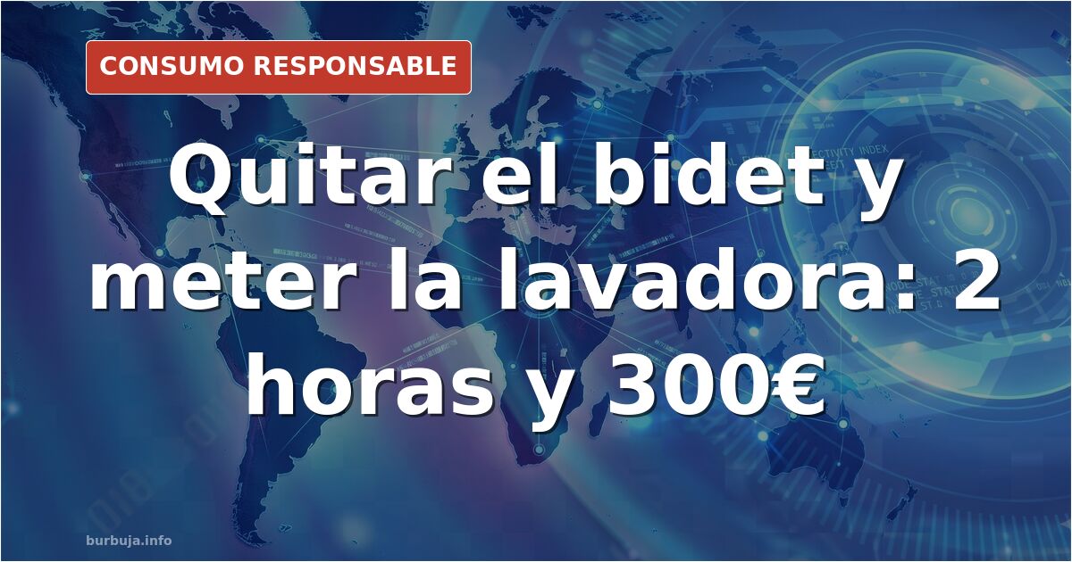 Baño con el bidet retirado y una lavadora de carga superior instalada en el hueco libre junto a las tomas de agua