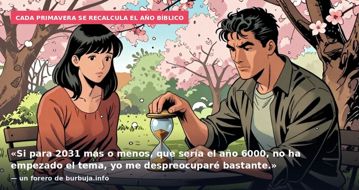 Cada primavera se recalcula el año bíblico: «Si para 2031 mas o menos, que sería el año 6000, no ha empezado el tema, yo me despreocuparé bastante.» — un forero de burbuja.info