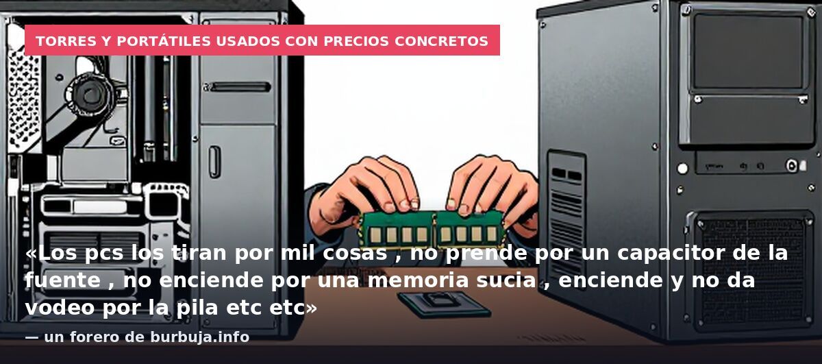 Torres y portátiles usados con precios concretos: «Los pcs los tiran por mil cosas , no prende por un capacitor de la fuente , no enciende por una memoria sucia , enciende y no da vodeo por la pila etc etc» — un forero de burbuja.info