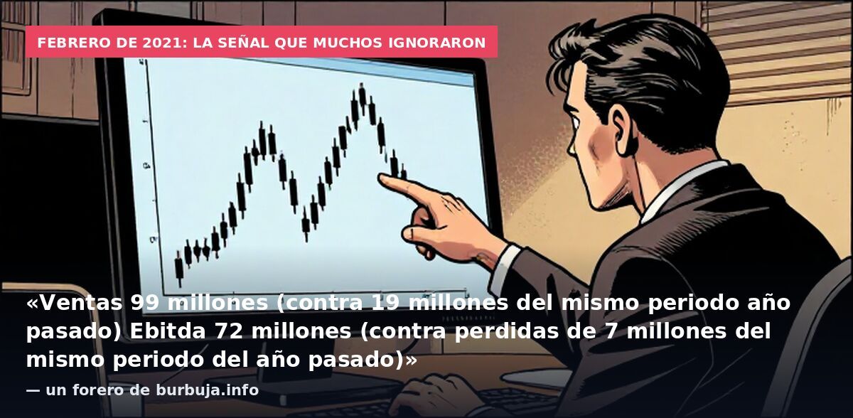 Febrero de 2021: la señal que muchos ignoraron: «Ventas 99 millones (contra 19 millones del mismo periodo año pasado) Ebitda 72 millones (contra perdidas de 7 millones del mismo periodo del año pasado)» — un forero de burbuja.info