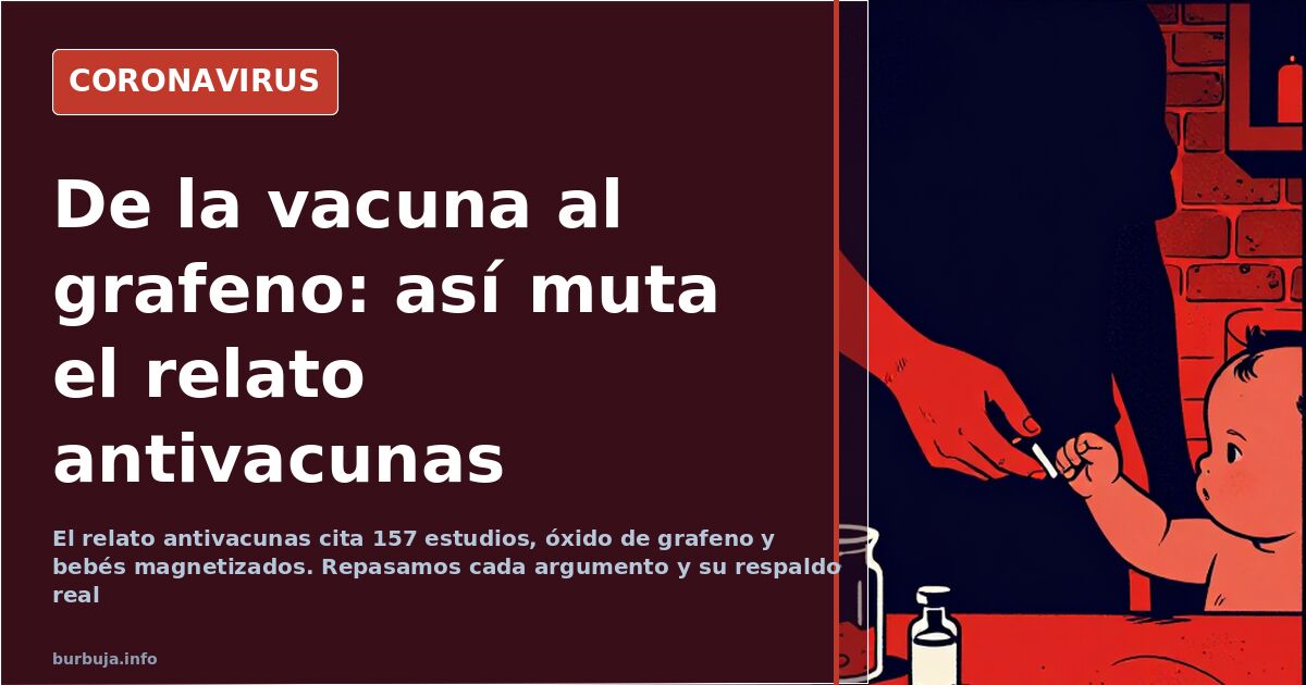 Viales de vacuna y una jeringuilla sobre fondo clínico junto a textos con argumentos antivacunas