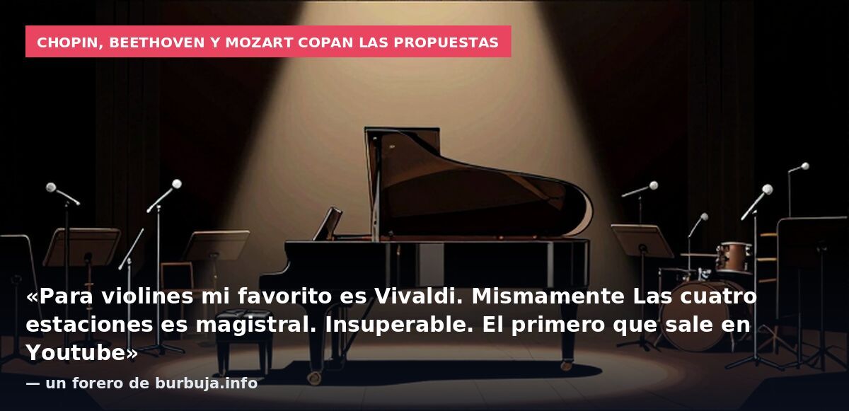 Chopin, Beethoven y Mozart copan las propuestas: «Para violines mi favorito es Vivaldi. Mismamente Las cuatro estaciones es magistral. Insuperable. El primero que sale en Youtube» — un forero de burbuja.info