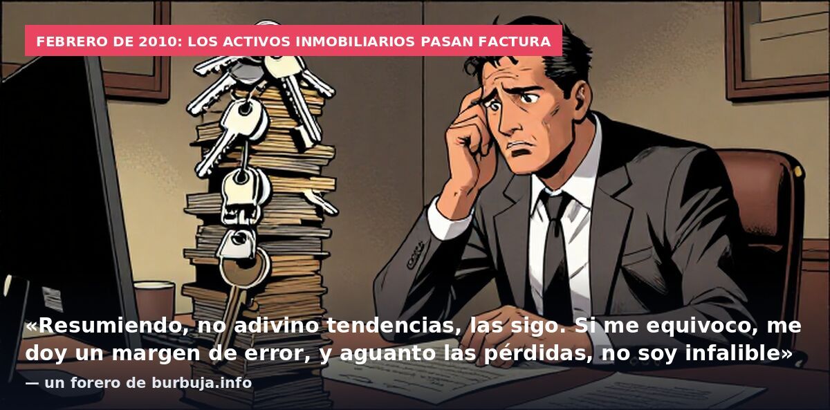 Febrero de 2010: los activos inmobiliarios pasan factura: «Resumiendo, no adivino tendencias, las sigo. Si me equivoco, me doy un margen de error, y aguanto las pérdidas, no soy infalible» — un forero de burbuja.info