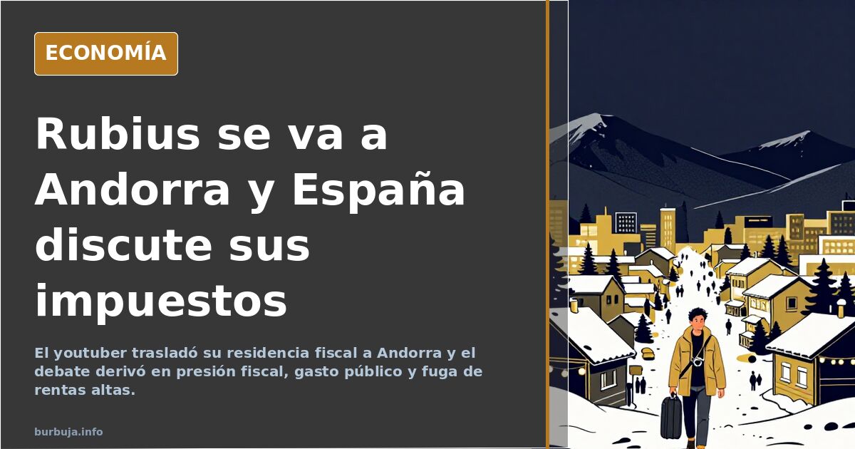 Ilustración editorial de una maleta junto a un portátil y gráficos fiscales, símbolo de la mudanza a Andorra
