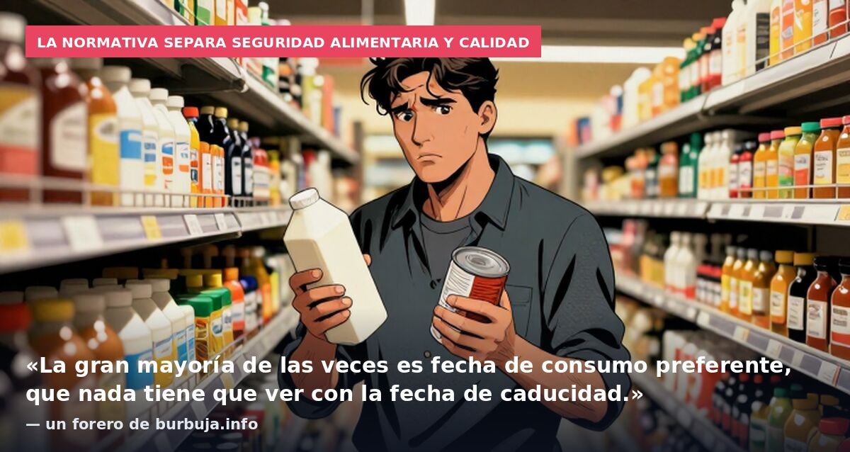La normativa separa seguridad alimentaria y calidad: «La gran mayoría de las veces es fecha de consumo preferente, que nada tiene que ver con la fecha de caducidad.» — un forero de burbuja.info