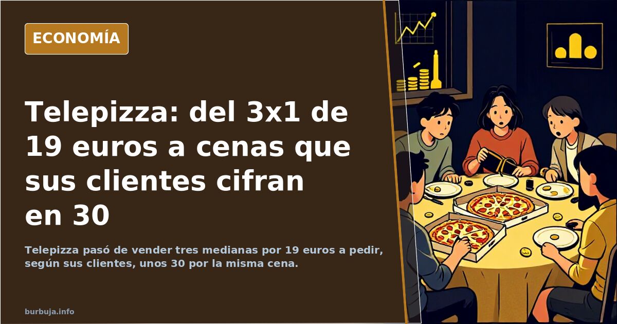 Ilustración editorial de la subida de precios de Telepizza: tres pizzas medianas frente a una caja de reparto y una masa de s