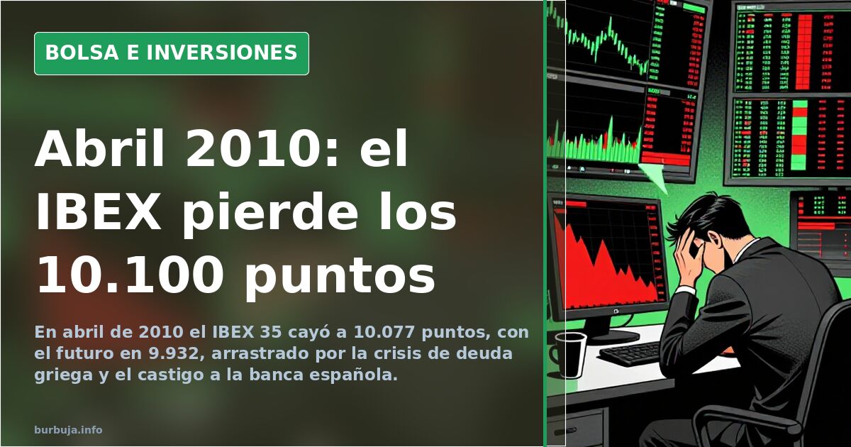 Gráfico de velas del IBEX 35 en abril de 2010 con caídas y pantallas de cotización en rojo sobre fondo oscuro