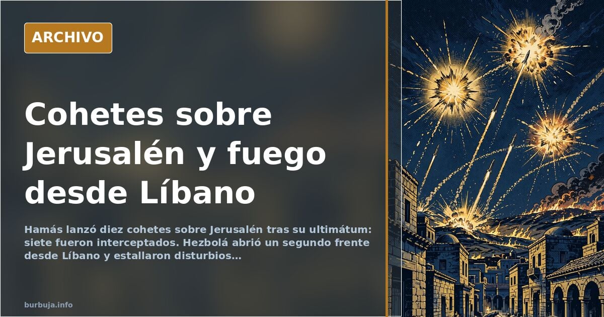 Ilustración editorial de cohetes iluminando el cielo nocturno sobre una ciudad con cúpula de defensa antiaérea en plena escal