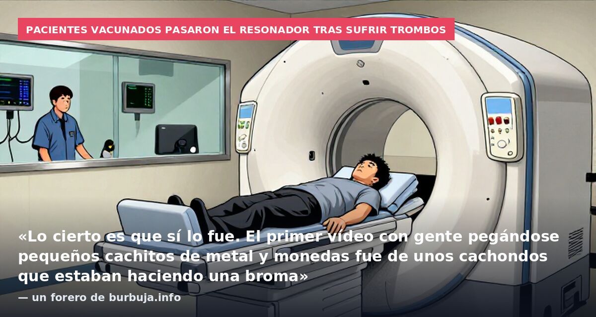 Pacientes vacunados pasaron el resonador tras sufrir trombos: «Lo cierto es que sí lo fue. El primer vídeo con gente pegándose pequeños cachitos de metal y monedas fue de unos cachondos que estaban haciendo una broma» — un forero de burbuja.info
