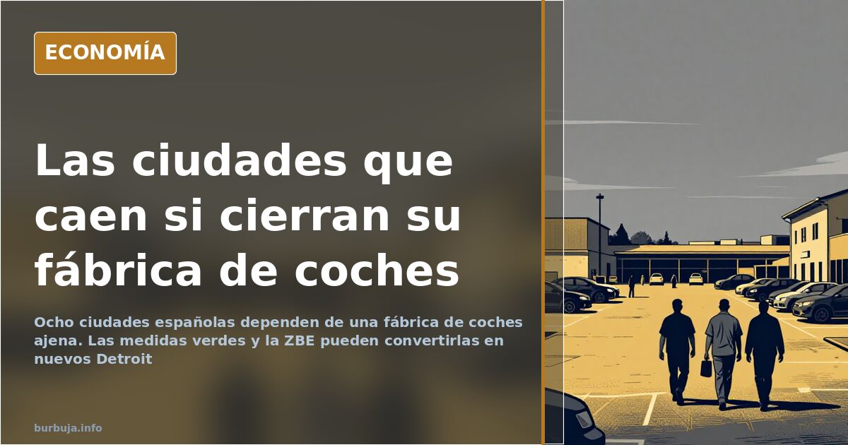 Silueta de una planta de automoción con líneas de montaje sobre un mapa de España en tonos azul marino y dorado
