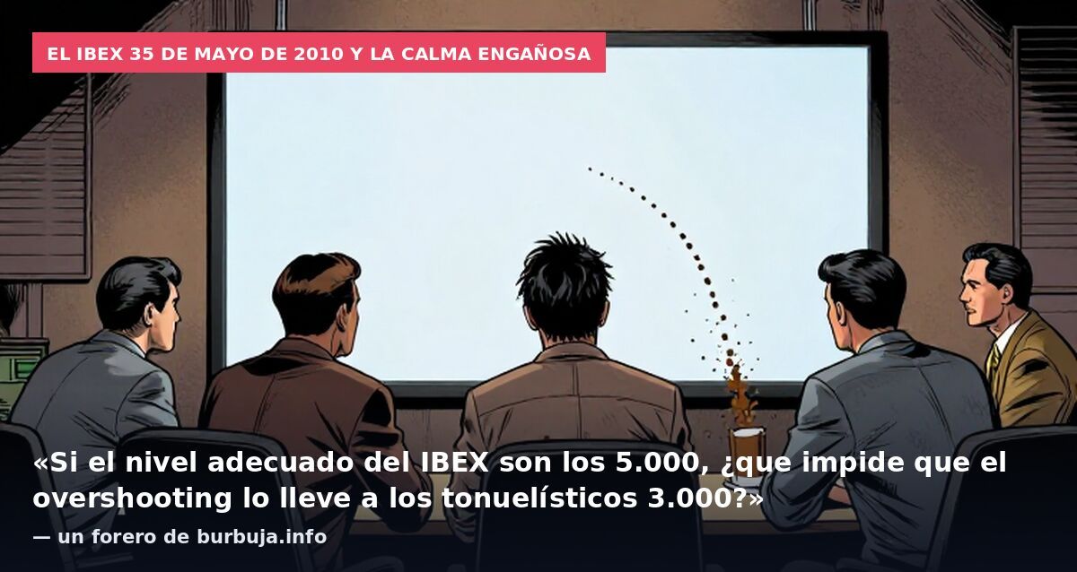 El IBEX 35 de mayo de 2010 y la calma engañosa: «Si el nivel adecuado del IBEX son los 5.000, ¿que impide que el overshooting lo lleve a los tonuelísticos 3.000?» — un forero de burbuja.info