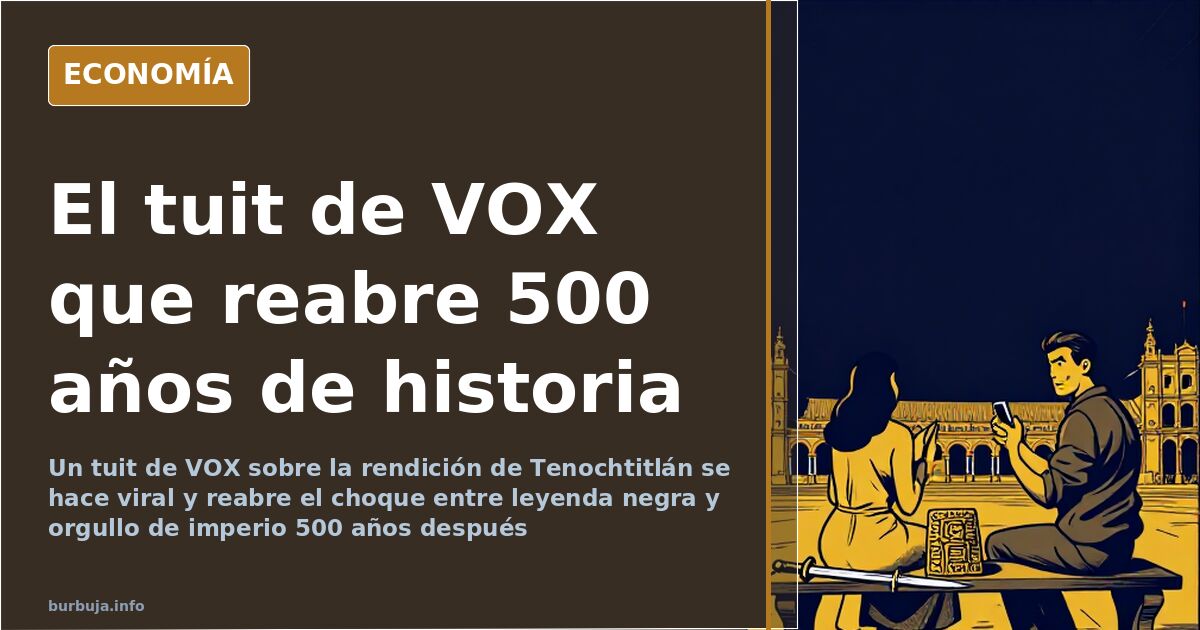 Ilustración editorial de la caída de Tenochtitlán con estandartes españoles frente a la ciudad azteca y sus canales