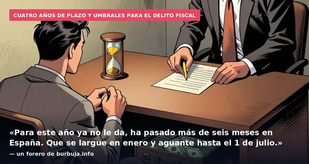 Cuatro años de plazo y umbrales para el delito fiscal: «Para este año ya no le da, ha pasado más de seis meses en España. Que se largue en enero y aguante hasta el 1 de julio.» — un forero de burbuja.info