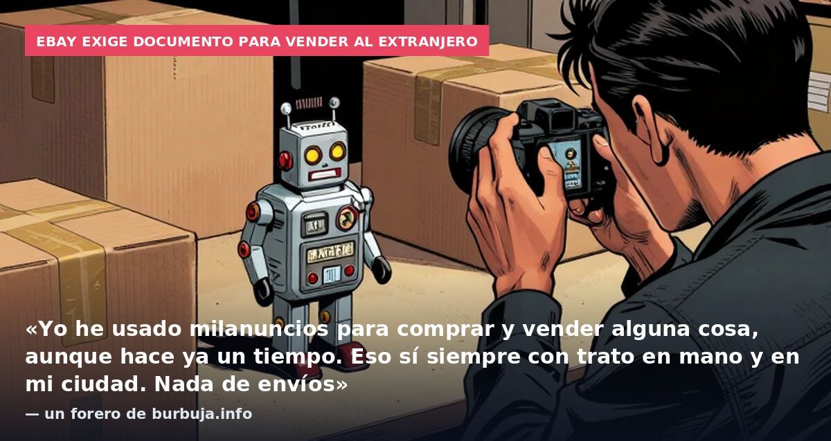 eBay exige documento para vender al extranjero: «Yo he usado milanuncios para comprar y vender alguna cosa, aunque hace ya un tiempo. Eso sí siempre con trato en mano y en mi ciudad. Nada de envíos» — un forero de burbuja.info