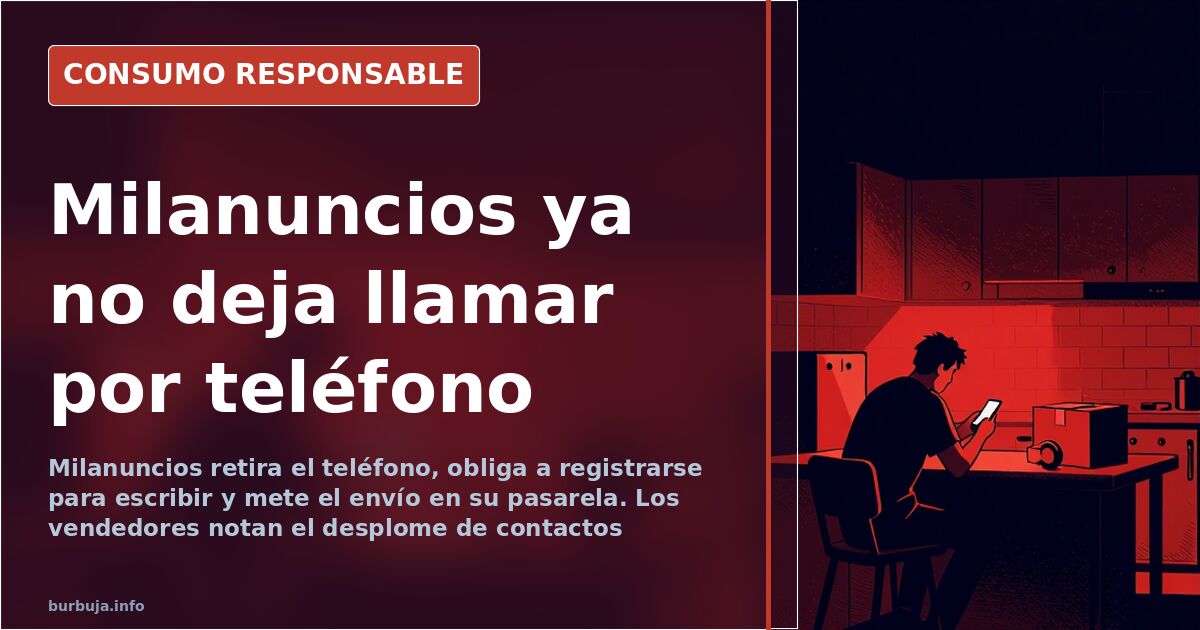 Teléfono móvil mostrando una lista de anuncios de segunda mano en la app de Milanuncios, con los botones de contacto por mens
